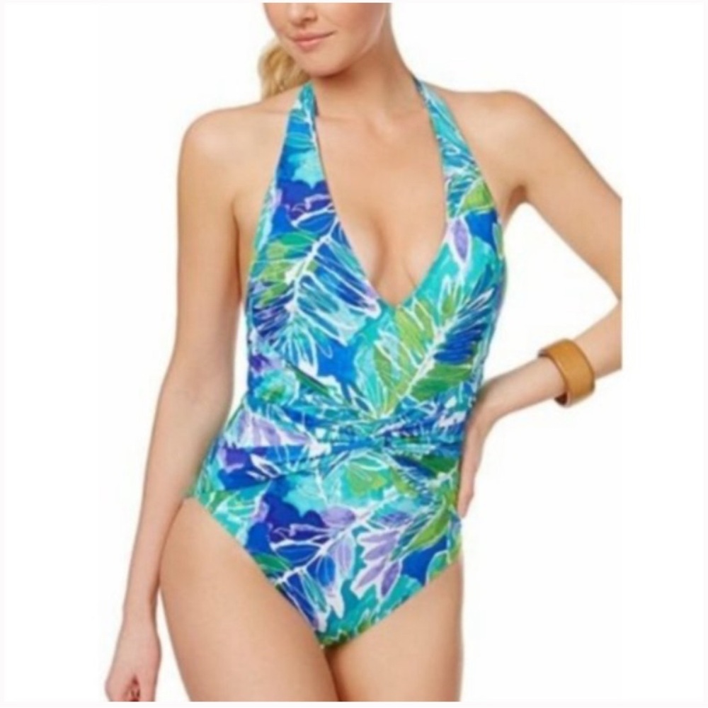 Ralph Lauren blue Lush Tropical print plunging twist front one piece swimsuit 12